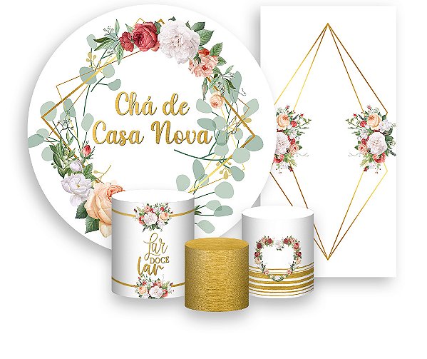 Painel De Festa + Trio De Capas Cilindro + Faixa Veste Fácil - Chá de Casa Nova Flores Dourado 001
