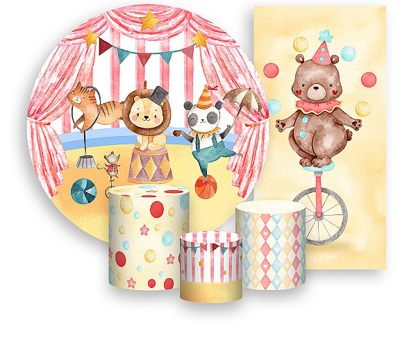 Painel De Festa + Trio De Capas Cilindro + Faixa Veste Fácil - Animais Circo Vermelho e Amarelo 006