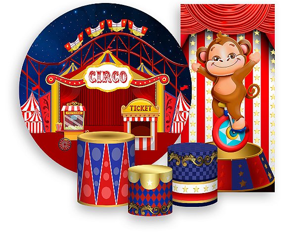 Painel De Festa + Trio De Capas Cilindro + Faixa Veste Fácil - Circo Vermelho Estrelado 007
