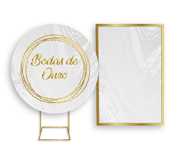 Painel De Festa Redondo 1,50x1,50 + Vertical 1,50x2,20 - Bodas de Ouro Frame Dourado 001