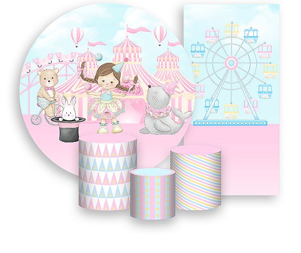 Painel De Festa + Trio De Capas Cilindro + Faixa Veste Fácil - Circo Rosa Parque de Diversões 023