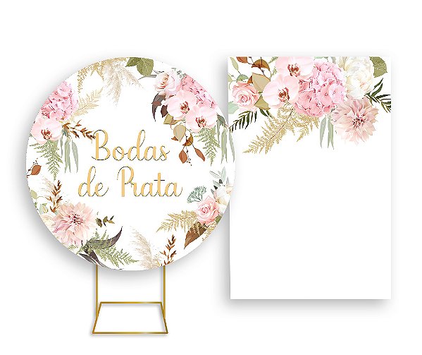 Painel De Festa Redondo 1,50x1,50 + Vertical 1,50x2,20 - Bodas de Prata Floral 011