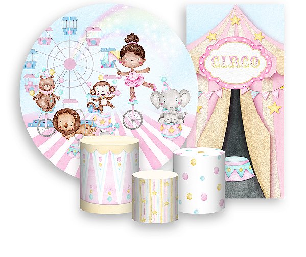 Painel De Festa + Trio De Capas Cilindro + Faixa Veste Fácil - Circo Rosa Bailarina 027