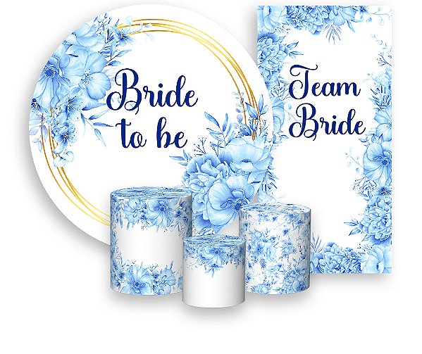 Painel De Festa + Trio De Capas Cilindro + Faixa Veste Fácil - Despedida de Solteira Bride To Be Floral Azul 004