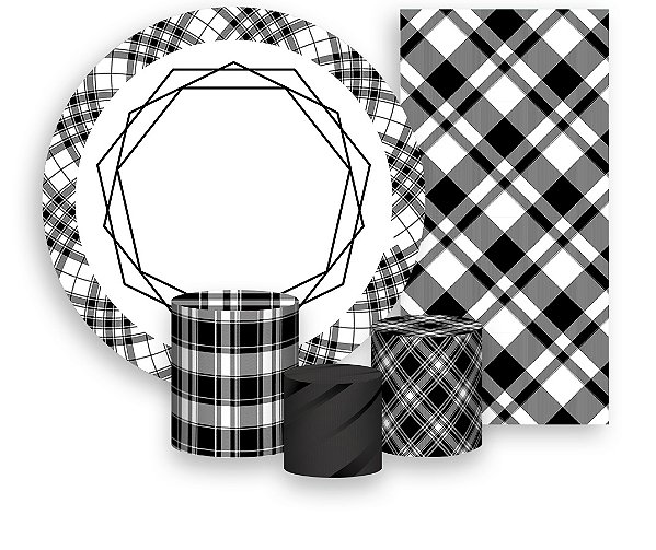 Painel De Festa + Trio De Capas Cilindro + Faixa Veste Fácil - Estampa Xadrez Preto e Branco 001