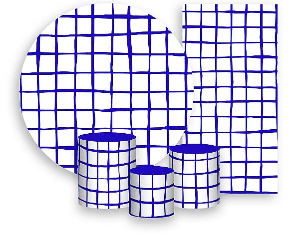 Painel De Festa + Trio De Capas Cilindro + Faixa Veste Fácil - Estampa Grid Azul Royal 032