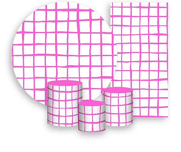 Painel De Festa + Trio De Capas Cilindro + Faixa Veste Fácil - Estampa Grid Pink 039