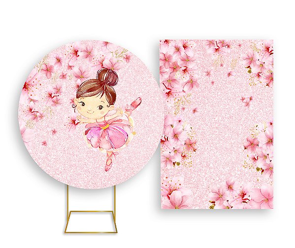 Painel De Festa Redondo 1,50x1,50 + Vertical 1,50x2,20 - Bailarina Floral Rosa 010