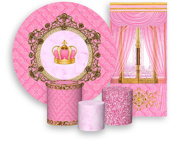 Painel De Festa + Trio De Capas Cilindro + Faixa Veste Fácil - Capitonê Coroa Realeza Rosa 002