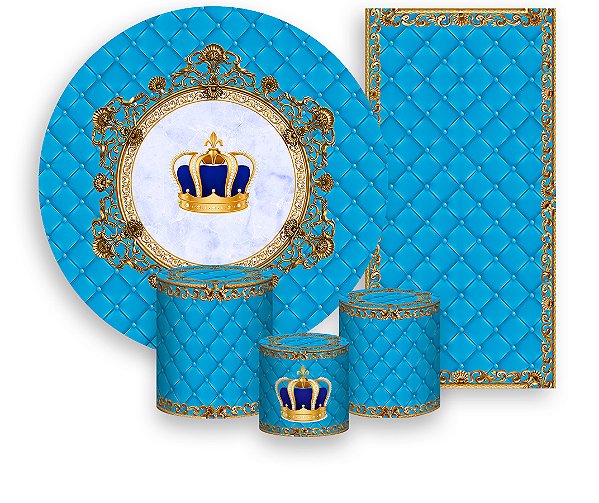 Painel De Festa + Trio De Capas Cilindro + Faixa Veste Fácil - Capitonê Azul Claro Coroa 003