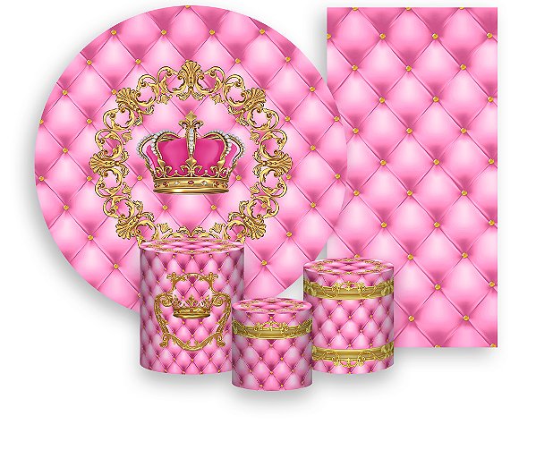 Painel De Festa + Trio De Capas Cilindro + Faixa Veste Fácil - Realeza Capitonê Rosa Suave e Dourado 005