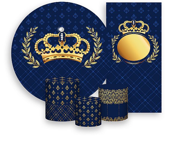 Painel De Festa + Trio De Capas Cilindro + Faixa Veste Fácil - Realeza Folhagem Azul e Dourado 010