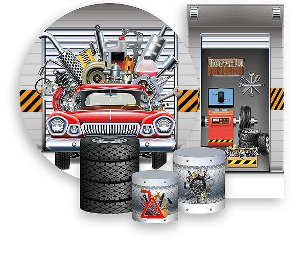Painel De Festa + Trio De Capas Cilindro + Faixa Veste Fácil - Carro Oficina Mecanica 002