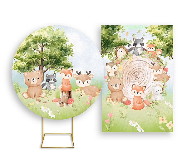 Painel De Festa Redondo 1,50x1,50 + Vertical 1,50x2,20 - Bosque Animais Cute Aquarela 006