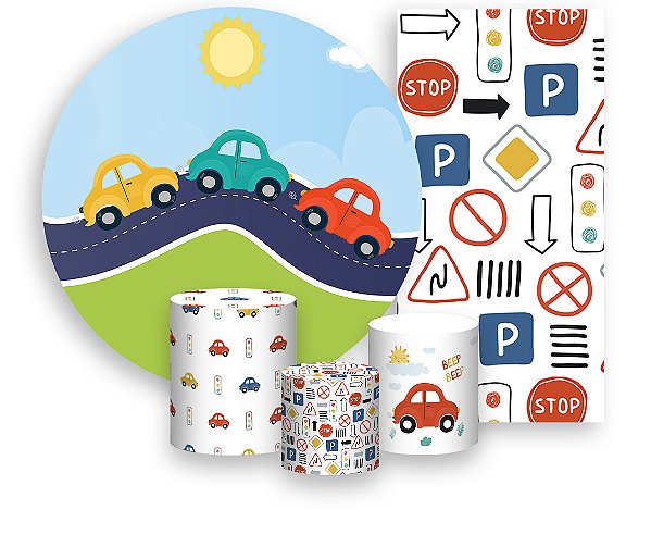 Painel De Festa + Trio De Capas Cilindro + Faixa Veste Fácil - Carros Na Pista 005