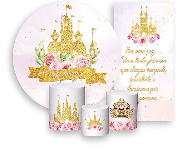 Painel De Festa + Trio De Capas Cilindro + Faixa Veste Fácil - Castelo Aquarela Era Uma Vez 001