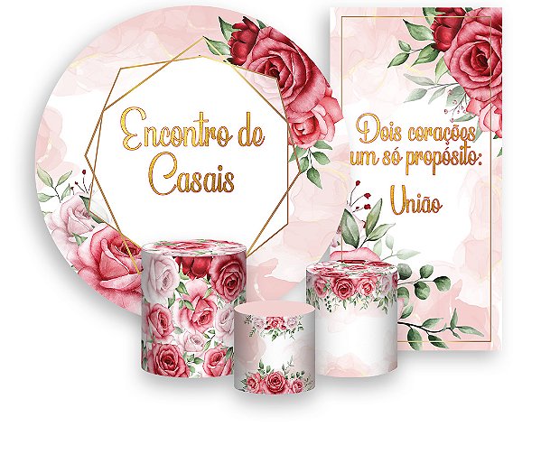 Painel De Festa + Trio De Capas Cilindro + Faixa Veste Fácil - Encontro de Casais Rosa Floral 005