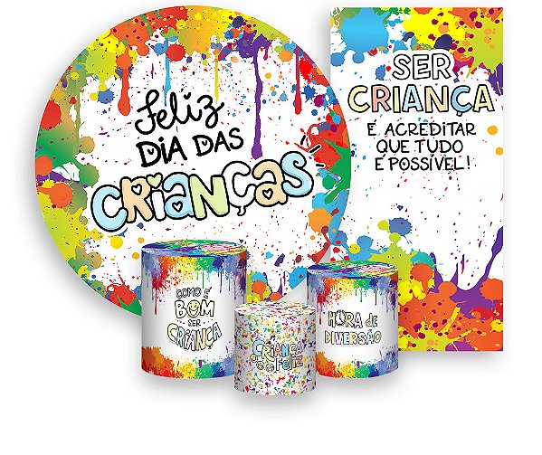 Painel De Festa + Trio De Capas Cilindro + Faixa Veste Fácil - Dia Das Crianças Pingos de Tinta 014