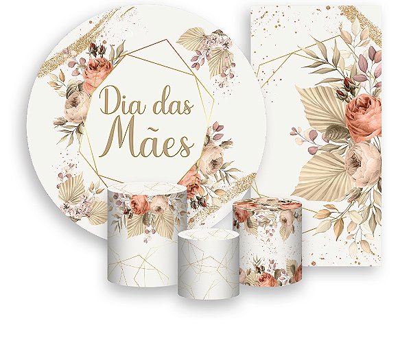 Painel De Festa + Trio De Capas Cilindro + Faixa Veste Fácil - Dia das Mães Bege Floral 019