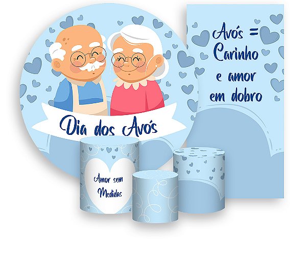 Painel De Festa + Trio De Capas Cilindro + Faixa Veste Fácil -  Dia dos Avós Corações Azul 022