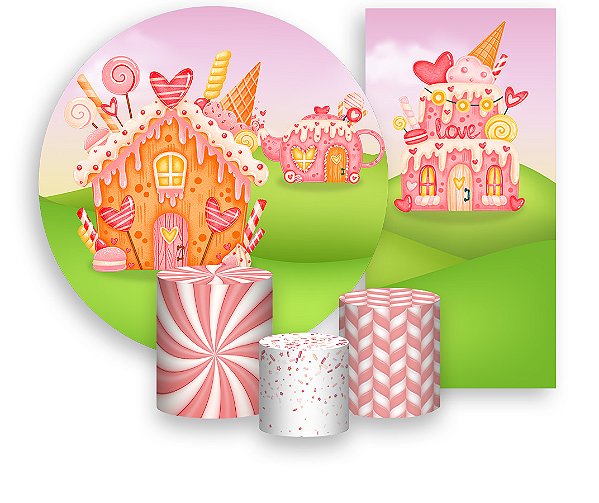 Painel De Festa + Trio De Capas Cilindro + Faixa Veste Fácil - Casinha de Doces 003
