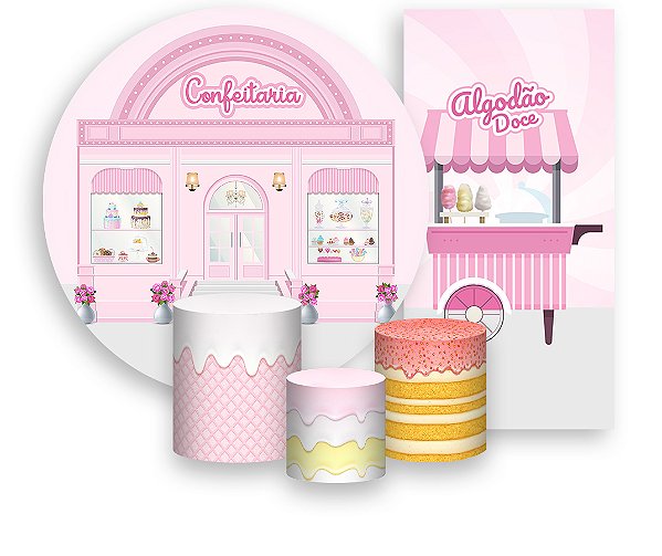 Painel De Festa + Trio De Capas Cilindro + Faixa Veste Fácil -  Confeitaria Rosa Doces 004