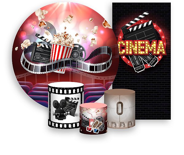 Painel De Festa + Trio De Capas Cilindro + Faixa Veste Fácil - Sala de Cinema Pipoca Claquete 001