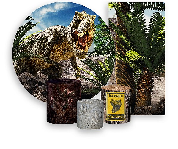 Painel De Festa + Trio De Capas Cilindro + Faixa Veste Fácil - Dinossauro Realista 002