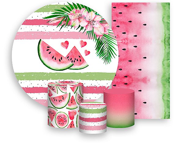 Painel De Festa + Trio De Capas Cilindro + Faixa Veste Fácil - Fruta Melancia Listras 001