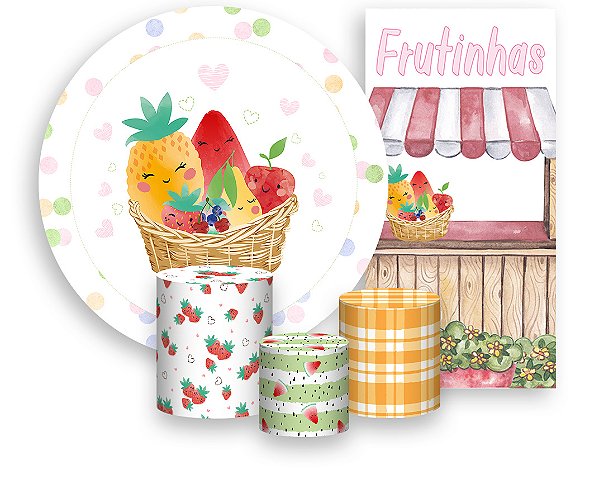 Painel De Festa + Trio De Capas Cilindro + Faixa Veste Fácil - Cesta de Frutinhas Poás Coloridos 002