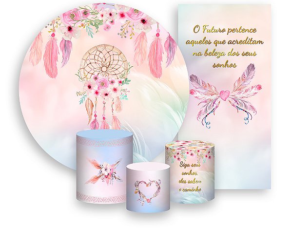 Painel De Festa + Trio De Capas Cilindro + Faixa Veste Fácil - Filtro dos Sonhos Aquarela Rosa 008