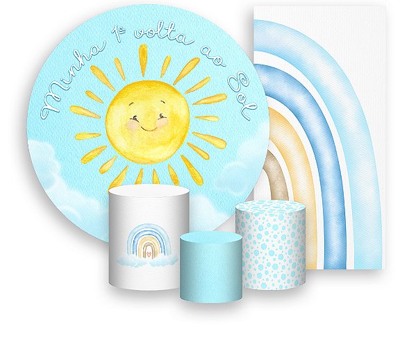 Painel De Festa + Trio De Capas Cilindro + Faixa Veste Fácil - Primeira Volta ao Sol Céu Azul 009