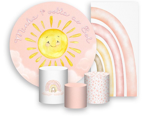 Painel De Festa + Trio De Capas Cilindro + Faixa Veste Fácil - Primeira Volta ao Sol Céu Rosa 014
