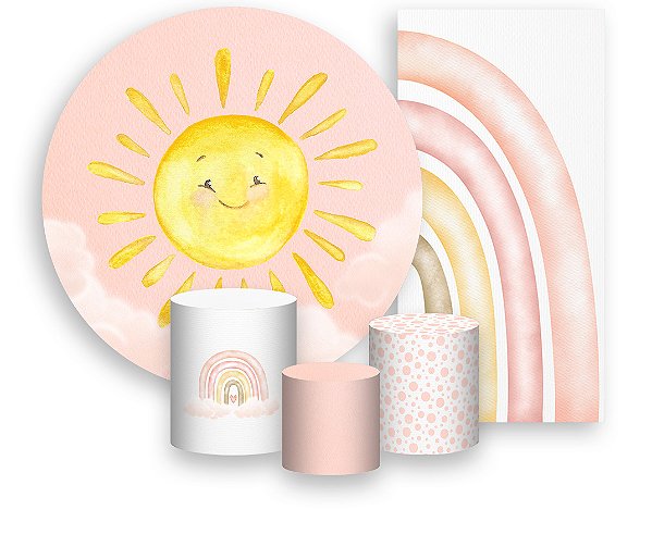 Painel De Festa + Trio De Capas Cilindro + Faixa Veste Fácil - Sol Céu Rosa 015