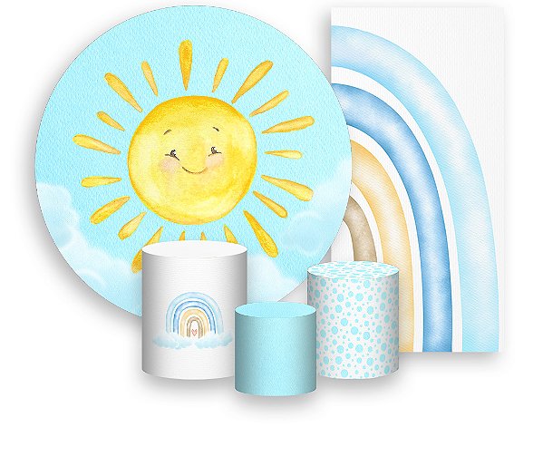 Painel De Festa + Trio De Capas Cilindro + Faixa Veste Fácil - Sol Céu Azul 016