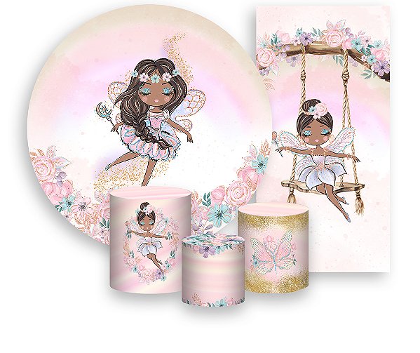 Painel De Festa + Trio De Capas Cilindro + Faixa Veste Fácil - Fadas Aquarela 001