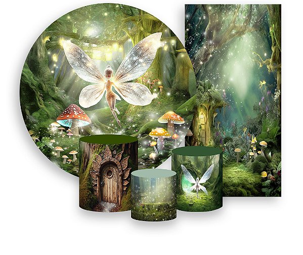 Painel De Festa + Trio De Capas Cilindro + Faixa Veste Fácil - Jardim Encantado Fadas 007