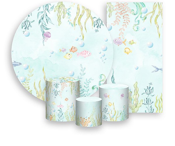 Painel De Festa + Trio De Capas Cilindro + Faixa Veste Fácil - Fundo do Mar  Peixes e Algas 007