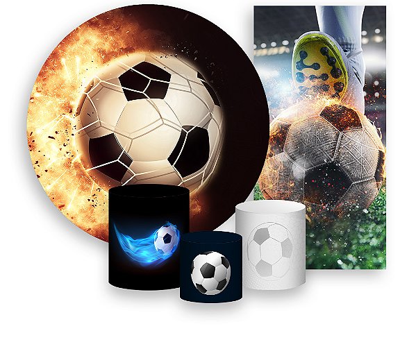 Painel De Festa + Trio De Capas Cilindro + Faixa Veste Fácil - Bola de Futebol Pegando Fogo 006