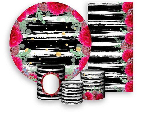 Painel De Festa + Trio De Capas Cilindro + Faixa Veste Fácil - Listras Preto e Branco Com Flores 001