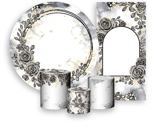 Painel De Festa + Trio De Capas Cilindro + Faixa Veste Fácil - Efeito Marmorizado Preto com Flores 003