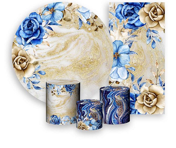 Painel De Festa + Trio De Capas Cilindro + Faixa Veste Fácil - Floral Azul com Dourado 008