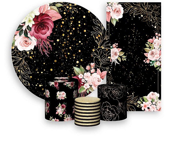 Painel De Festa + Trio De Capas Cilindro + Faixa Veste Fácil - Fundo Preto Flores Efeito Brilhos 009