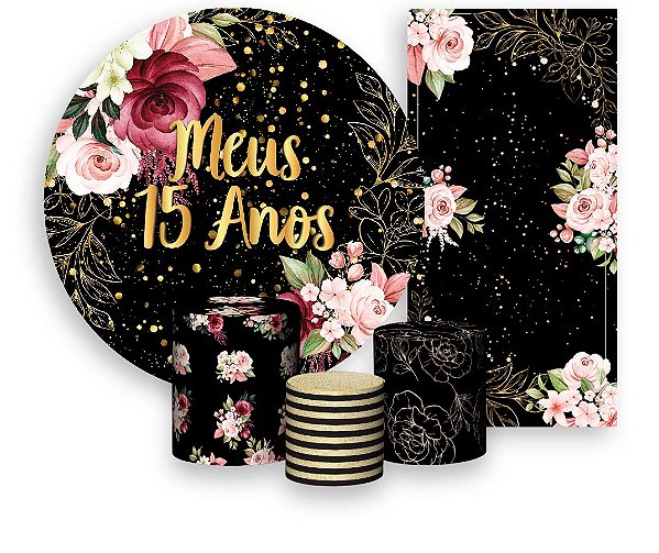 Painel De Festa + Trio De Capas Cilindro + Faixa Veste Fácil - Flores Meus 15 Anos Dourado 010