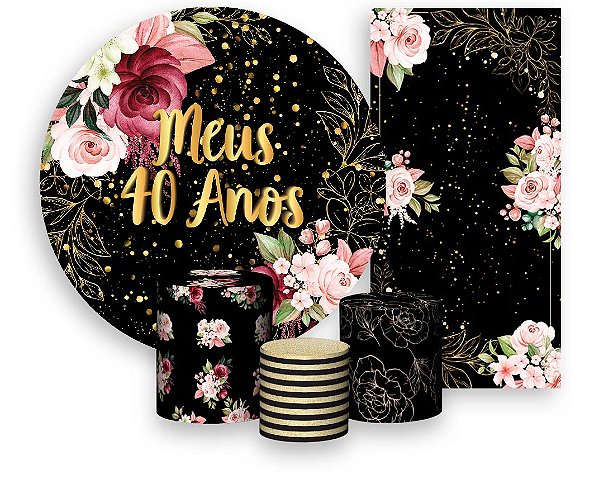 Painel De Festa + Trio De Capas Cilindro + Faixa Veste Fácil - Flores Meus 40 Anos Dourado 013