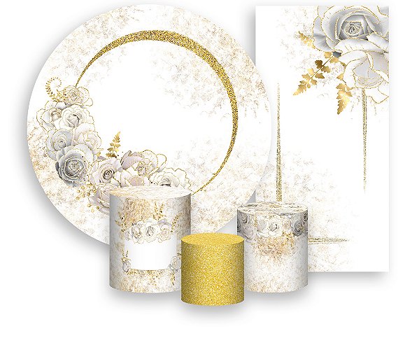 Painel De Festa + Trio De Capas Cilindro + Faixa Veste Fácil - Efeito Dourado com Flores Brancas 019