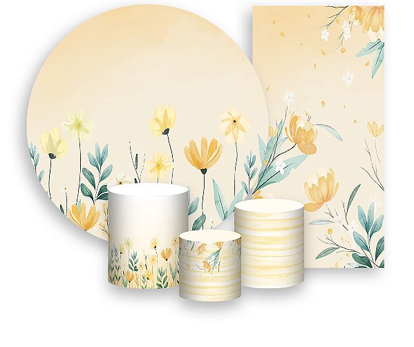 Painel De Festa + Trio De Capas Cilindro + Faixa Veste Fácil -  Flores Aquarela Amarelo Suave 021