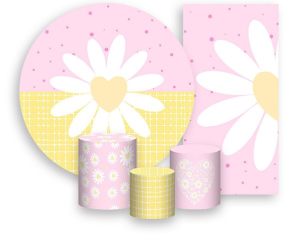 Painel De Festa + Trio De Capas Cilindro + Faixa Veste Fácil - Margarida Rosa e Amarelo 040