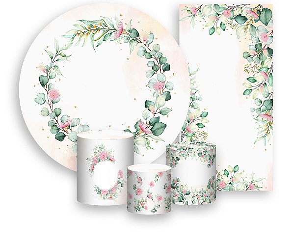 Painel De Festa + Trio De Capas Cilindro + Faixa Veste Fácil - Folhagens e Flores Verde com Rosa 045
