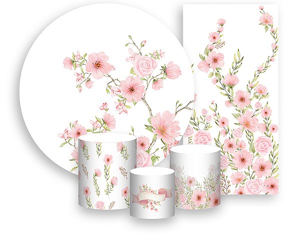 Painel De Festa + Trio De Capas Cilindro + Faixa Veste Fácil - Floral Verde Suave com Rosas 048